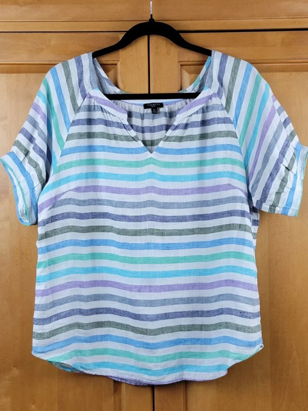 Talbots Rockport Stripe Linen Elbow Sleeve Popover Top - MP - Picture 3 of 8